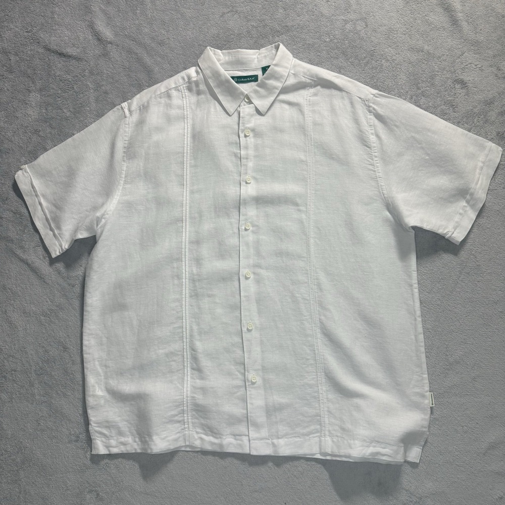 Cubavera Mens XL White Linen Guayabera Shirt Tonal Stripe Short Sleeve Button Up